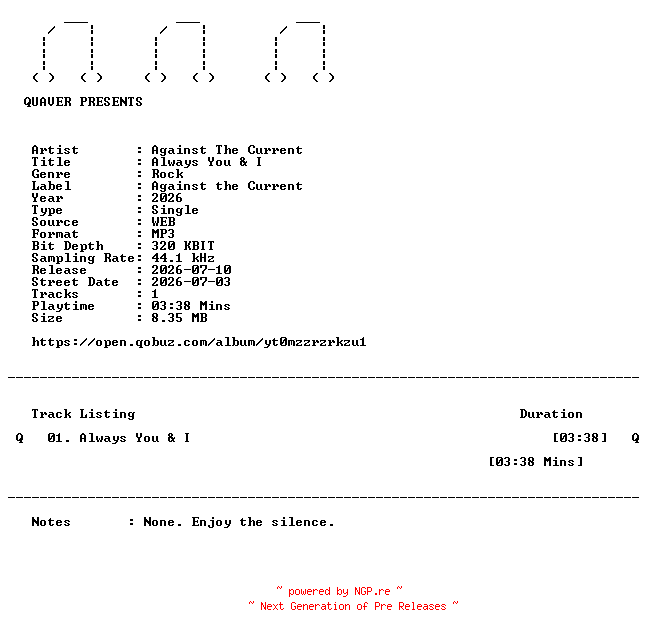 NFO for the release Against_The_Current-Always_You_and_I-SINGLE-WEB-2026-QUAVER by QUAVER