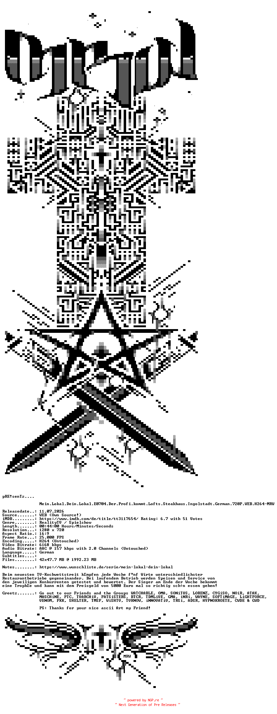 NFO for the release Mein.Lokal.Dein.Lokal.E0704.Der.Profi.kommt.Lofts.Steakhaus.Ingolstadt.German.720P.WEB.H264-MRW by MRW