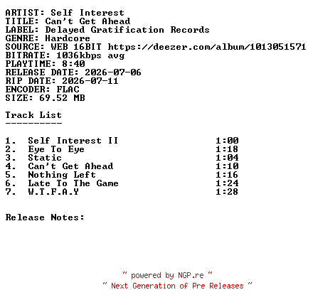 NFO for the release Self_Interest-Cant_Get_Ahead-16BIT-WEB-FLAC-2026-SDR by SDR