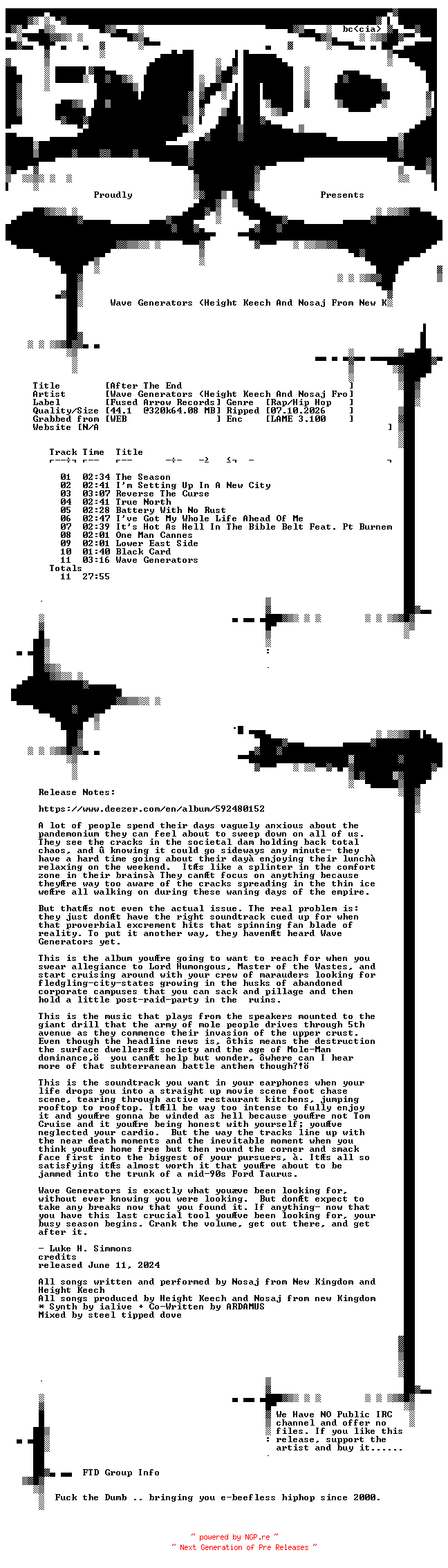 NFO for the release Wave_Generators_(Height_Keech_And_Nosaj_From_New_Kingdom)-After_The_End-WEB-2024-FTD by FTD