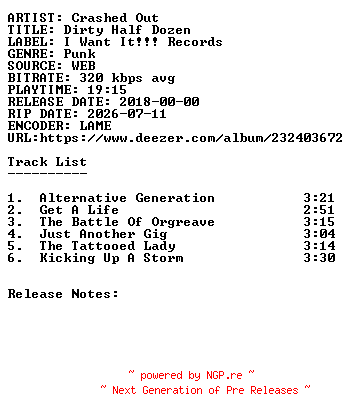 NFO for the release Crashed_Out-Dirty_Half_Dozen-WEB-2018-SDR by SDR