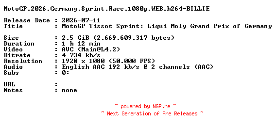 NFO for the release MotoGP.2026.Germany.Sprint.Race.1080p.WEB.h264-BILLIE by BILLIE