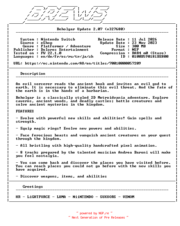 NFO for the release Beholgar_Update_v2.07_NSW-BREWS by BREWS