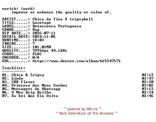 NFO for the release Chico_da_Tina_X_tripsyhell-Lovetape-PT-EP-16BIT-WEB-FLAC-2021-ENRiCH by ENRiCH