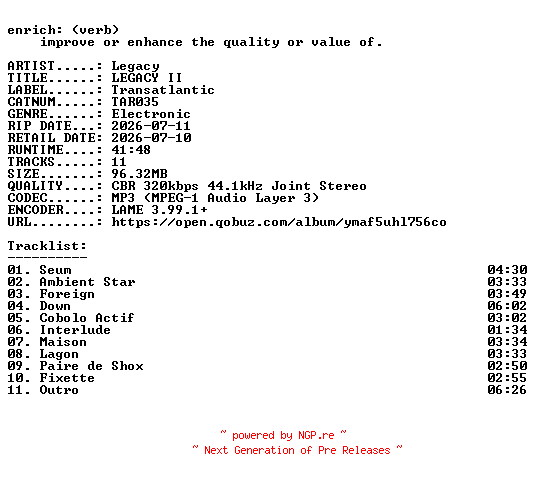 NFO for the release Legacy-LEGACY_II-(TAR035)-WEB-2026-ENRiCH by ENRiCH