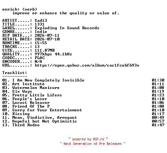 NFO for the release Sad13-1331-16BIT-WEB-FLAC-2026-ENRiCH by ENRiCH