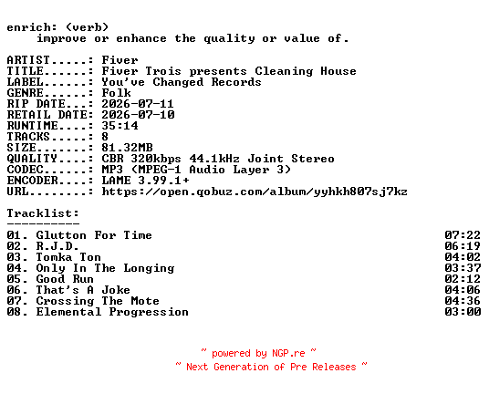 NFO for the release Fiver-Fiver_Trois_presents_Cleaning_House-WEB-2026-ENRiCH by ENRiCH