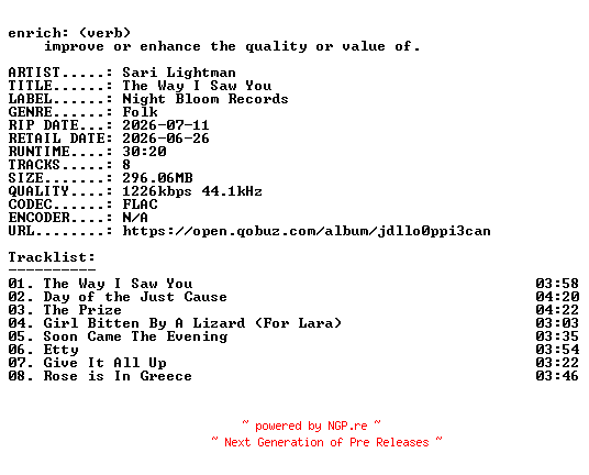 NFO for the release Sari_Lightman-The_Way_I_Saw_You-24BIT-WEB-FLAC-2026-ENRiCH by ENRiCH