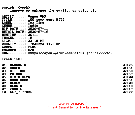 NFO for the release Venus_VNR-100_pour_cent_HITS-FR-24BIT-WEB-FLAC-2026-ENRiCH by ENRiCH