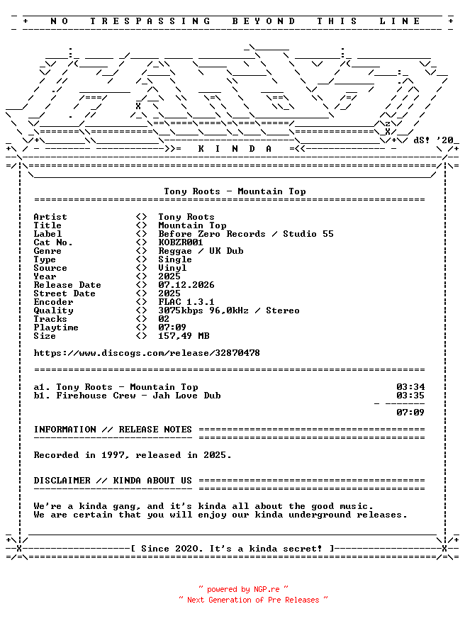 NFO for the release Tony_Roots-Mountain_Top-(KOBZR001)-7INCH_VINYL-FLAC-2025-KINDA by KINDA
