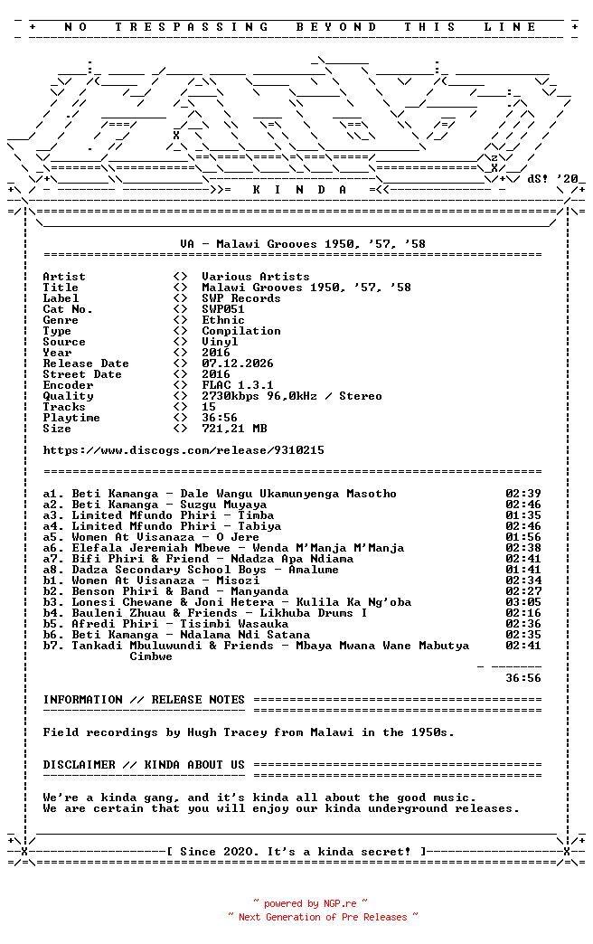 NFO for the release VA-Malawi_Grooves_1950_57_58-(SWP051)-LP-FLAC-2016-KINDA by KINDA