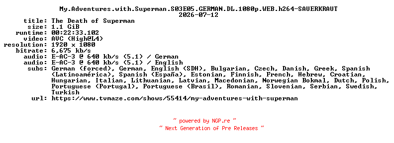 NFO for the release My.Adventures.with.Superman.S03E05.GERMAN.DL.1080p.WEB.h264-SAUERKRAUT by SAUERKRAUT