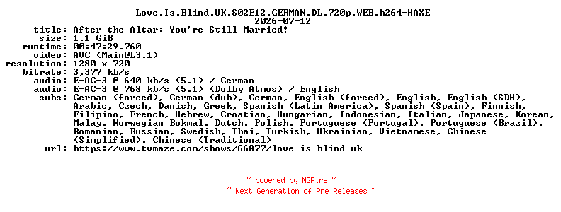 NFO for the release Love.Is.Blind.UK.S02E12.GERMAN.DL.720p.WEB.h264-HAXE by HAXE