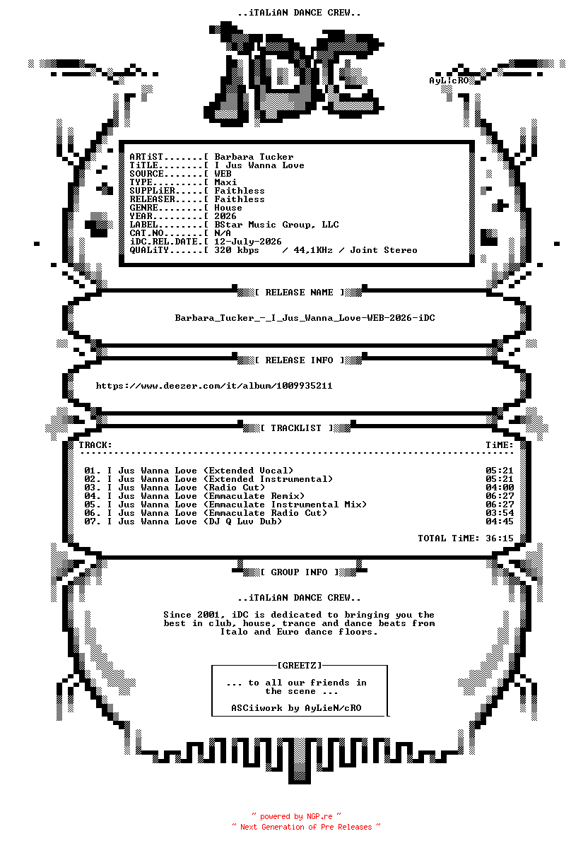 NFO for the release Barbara_Tucker_-_I_Jus_Wanna_Love-WEB-2026-iDC by iDC