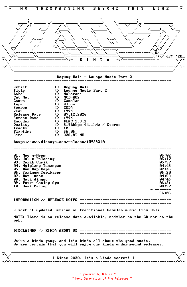 NFO for the release Degung_Bali-Lounge_Music_Part_2-(MCD002)-CD-FLAC-199X-KINDA by KINDA