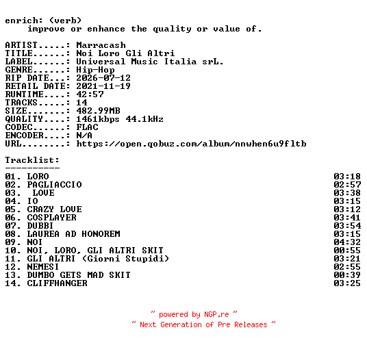 NFO for the release Marracash-Noi_Loro_Gli_Altri-IT-24BIT-WEB-FLAC-2021-ENRiCH by ENRiCH