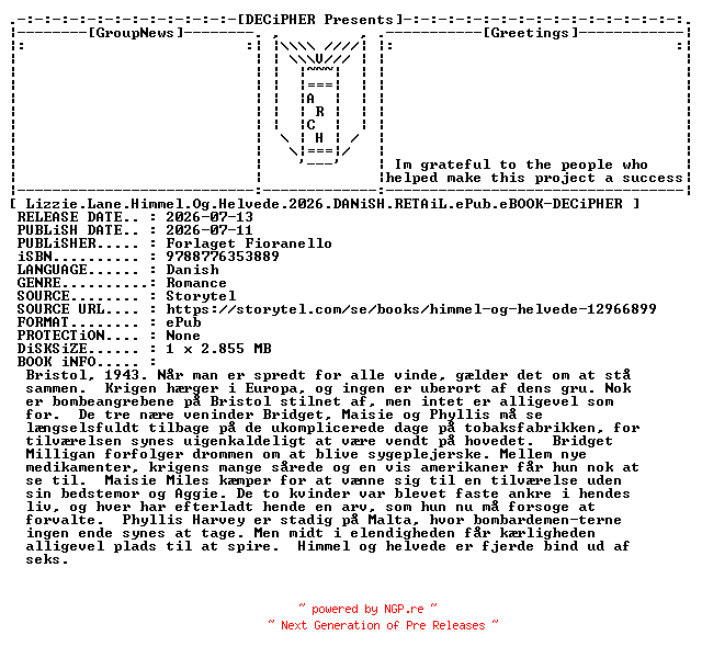 NFO for the release Lizzie.Lane.Himmel.Og.Helvede.2026.DANiSH.RETAiL.ePub.eBOOK-DECiPHER by DECiPHER