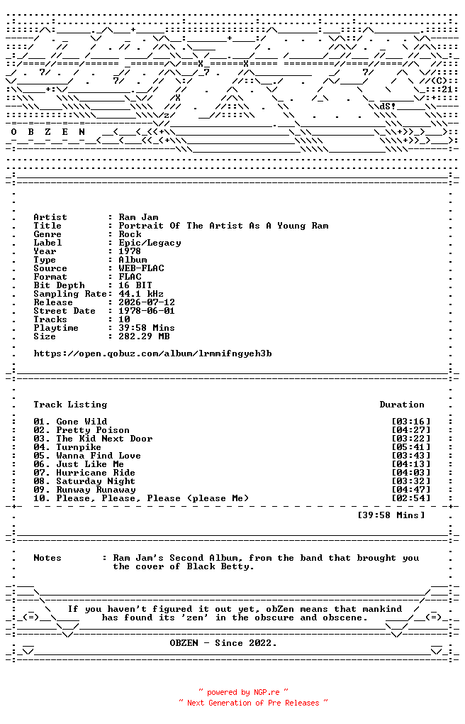 NFO for the release Ram_Jam-Portrait_Of_The_Artist_As_A_Young_Ram-16BIT-WEB-FLAC-1978-OBZEN by OBZEN