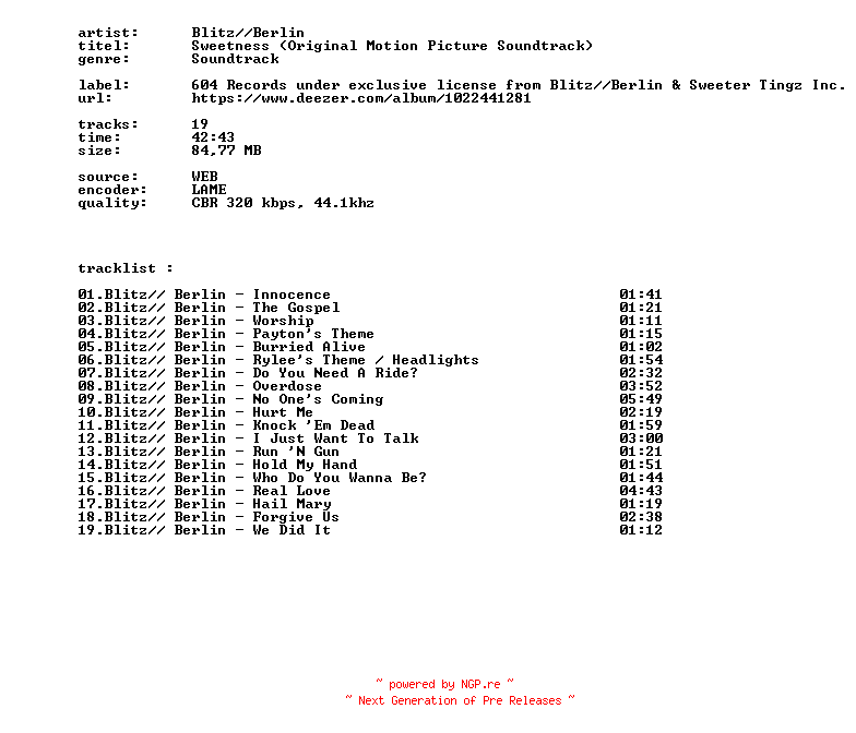 NFO for the release Blitz__Berlin_-_Sweetness_(Original_Motion_Picture_Soundtrack)-OST-WEB-2026-BITCOINS by BITCOINS
