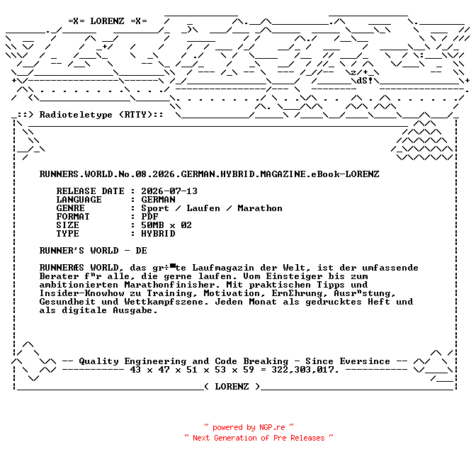 NFO for the release RUNNERS.WORLD.No.08.2026.GERMAN.HYBRID.MAGAZINE.eBook-LORENZ by LORENZ