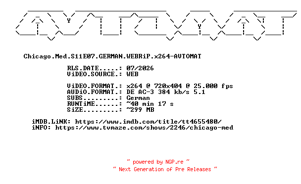 NFO for the release Chicago.Med.S11E07.GERMAN.WEBRiP.x264-AVTOMAT by AVTOMAT