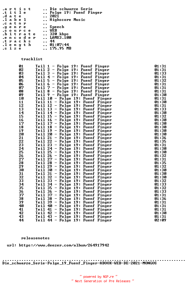 NFO for the release Die_schwarze_Serie-Folge_19_Fuenf_Finger-ABOOK-WEB-DE-2021-MONGOS by MONGOS