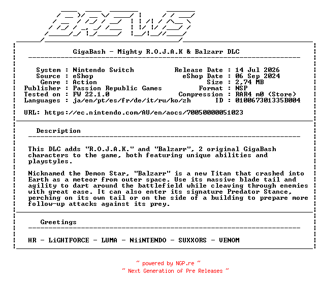 NFO for the release GigaBash_Mighty_Rojak_and_Balzarr_DLC_NSW-BREWS by BREWS