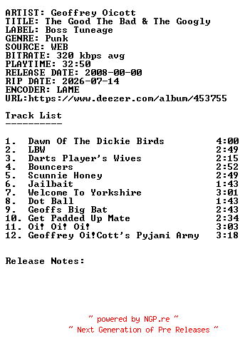 NFO for the release Geoffrey_Oicott-The_Good_The_Bad_and_The_Googly-WEB-2008-SDR by SDR