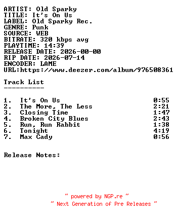 NFO for the release Old_Sparky-Its_On_Us-WEB-2026-SDR by SDR