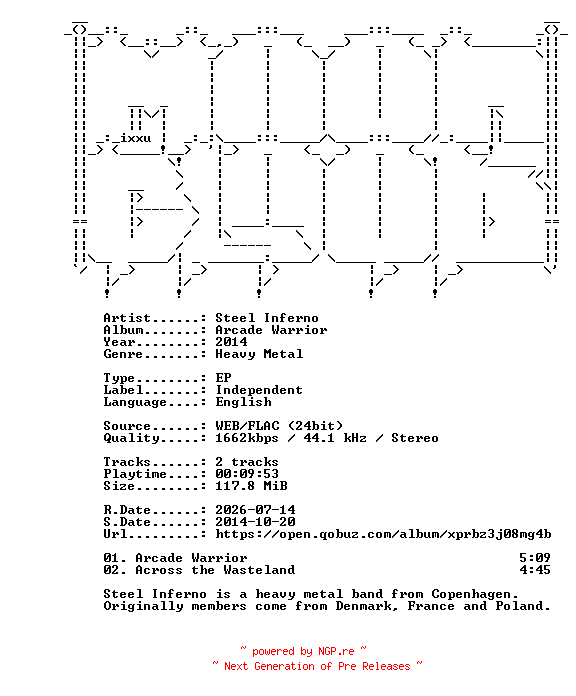 NFO for the release Steel_Inferno-Arcade_Warrior-EP-24BIT-WEB-FLAC-2014-MOONBLOOD by MOONBLOOD