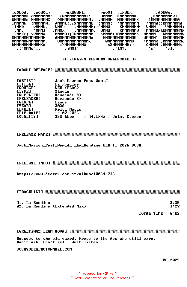 NFO for the release Jack_Mazzon_Feat_Wem_J_-_La_Rondine-WEB-IT-2026-UOVA by UOVA
