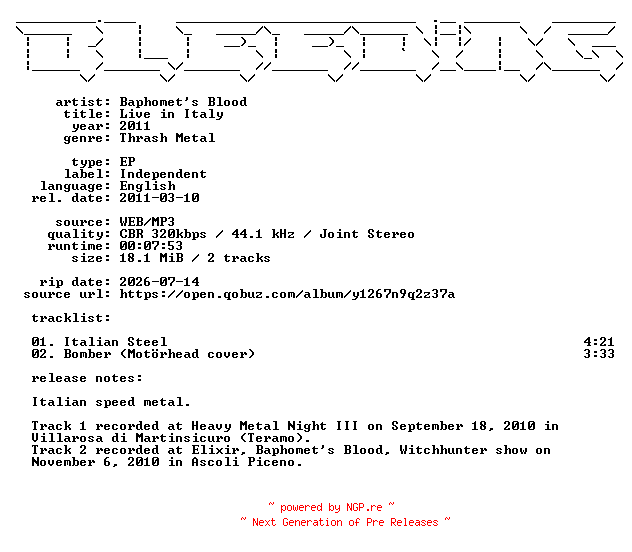 NFO for the release Baphomets_Blood-Live_in_Italy-EP-WEB-2011-BLEEDiNG by BLEEDiNG