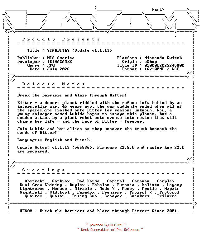 NFO for the release STARBITES_Update_v1.1.13_NSW-VENOM by VENOM