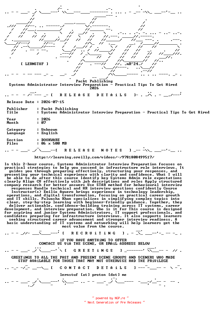 NFO for the release Packt.Publishing.-.Systems.Administrator.Interview.Preparation.-.Practical.Tips.To.Get.Hired.2026.BOOKWARE-LERNSTUF by LERNSTUF