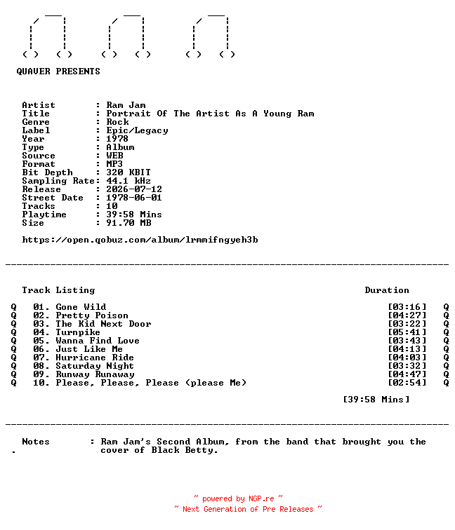 NFO for the release Ram_Jam-Portrait_Of_The_Artist_As_A_Young_Ram-WEB-1978-QUAVER by QUAVER