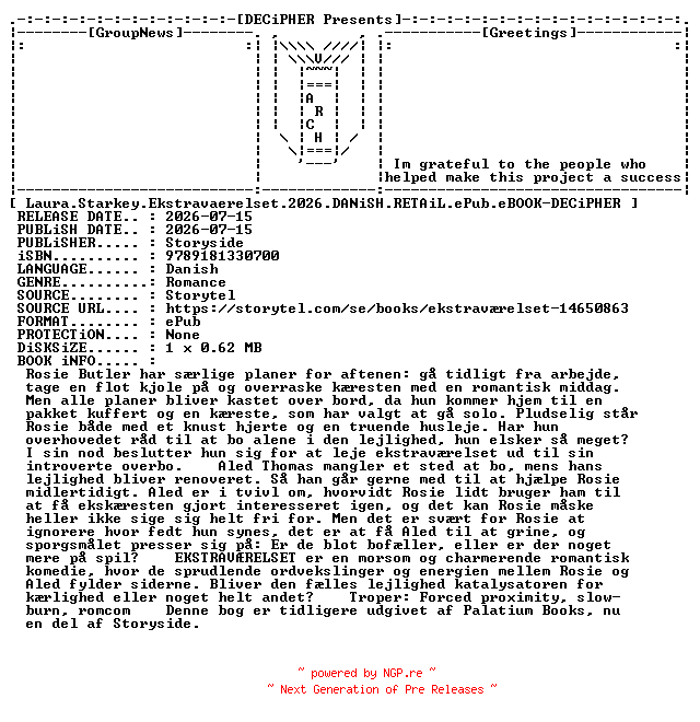 NFO for the release Laura.Starkey.Ekstravaerelset.2026.DANiSH.RETAiL.ePub.eBOOK-DECiPHER by DECiPHER