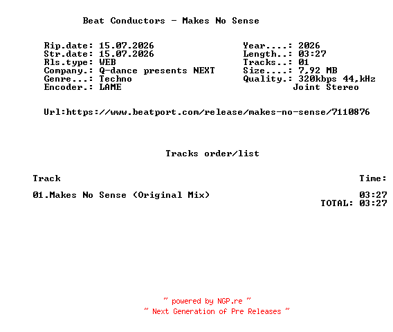 NFO for the release Beat_Conductors_-_Makes_No_Sense-(NEXT220PRO)-SINGLE-WEB-2026-FMC by FMC