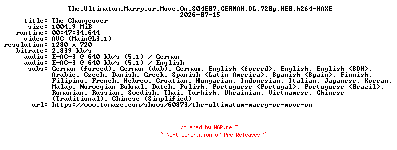 NFO for the release The.Ultimatum.Marry.or.Move.On.S04E07.GERMAN.DL.720p.WEB.h264-HAXE by HAXE