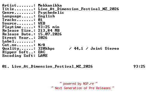 NFO for the release Mekkanikka-Live_At_Dimension_Festival_NZ_2026-WEB-2026-XTC_iNT by XTC_iNT