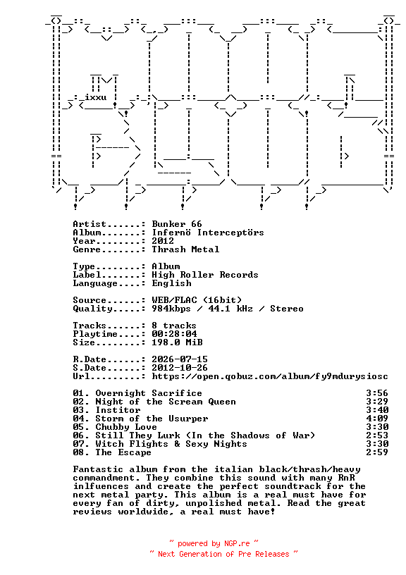 NFO for the release Bunker_66-Infernoe_Interceptoers-16BIT-WEB-FLAC-2012-MOONBLOOD by MOONBLOOD