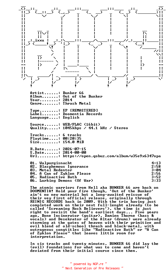 NFO for the release Bunker_66-Out_of_the_Bunker-REMASTERED_EP-16BIT-WEB-FLAC-2014-MOONBLOOD by MOONBLOOD
