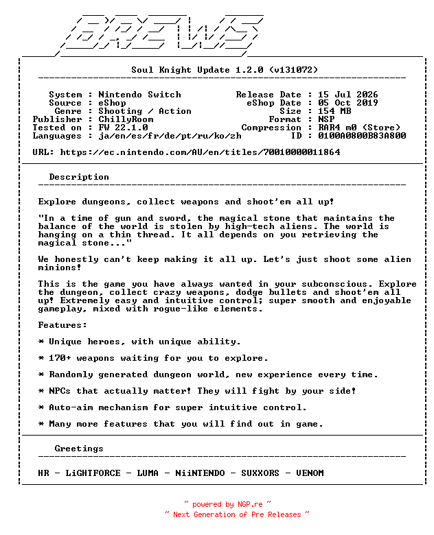NFO for the release Soul_Knight_Update_v1.2.0_NSW-BREWS by BREWS