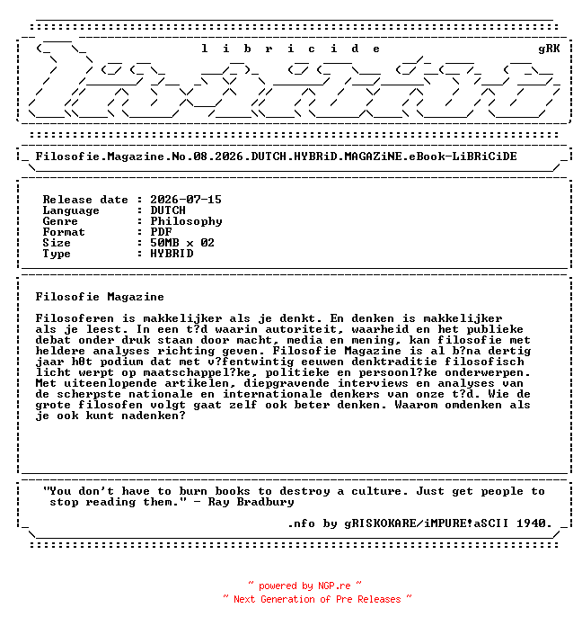 NFO for the release Filosofie.Magazine.No.08.2026.DUTCH.HYBRiD.MAGAZiNE.eBook-LiBRiCiDE by LiBRiCiDE