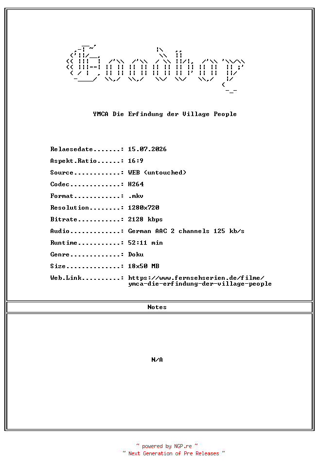 NFO for the release YMCA.Die.Erfindung.der.Village.People.GERMAN.DOKU.720P.WebHD.H264-Goodboy by Goodboy