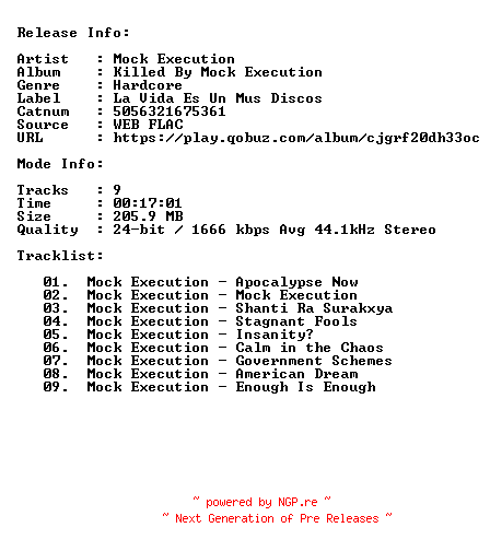 NFO for the release Mock_Execution-Killed_By_Mock_Execution-24BIT-44KHZ-WEB-FLAC-2022-CBR by CBR