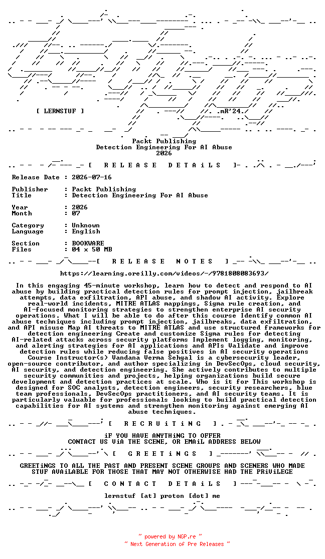 NFO for the release Packt.Publishing.-.Detection.Engineering.For.AI.Abuse.2026.BOOKWARE-LERNSTUF by LERNSTUF