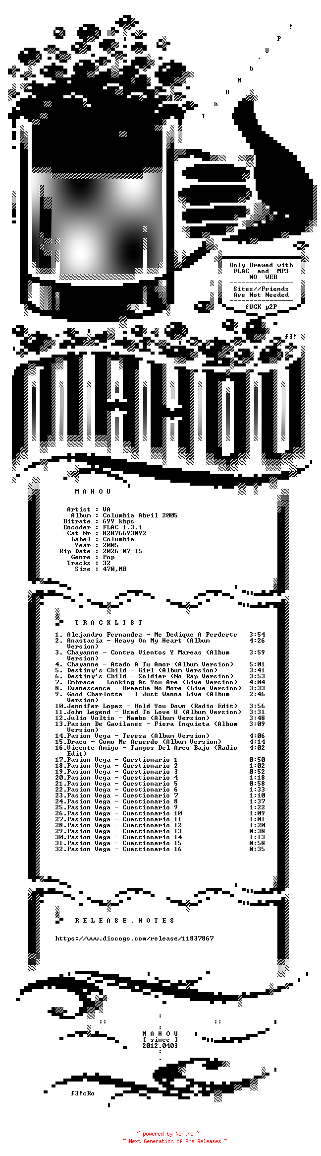 NFO for the release VA-Columbia_Abril_2005-PROMO-CD-FLAC-2005-MAHOU by MAHOU