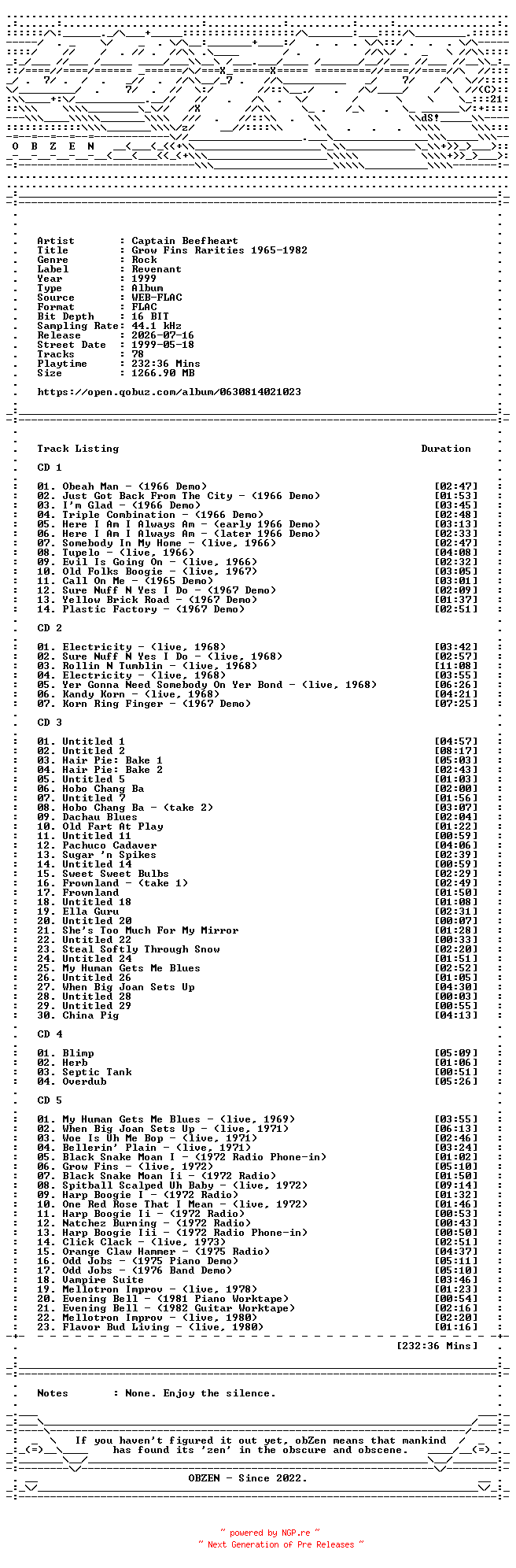 NFO for the release Captain_Beefheart-Grow_Fins_Rarities_1965-1982-16BIT-WEB-FLAC-1999-OBZEN by OBZEN