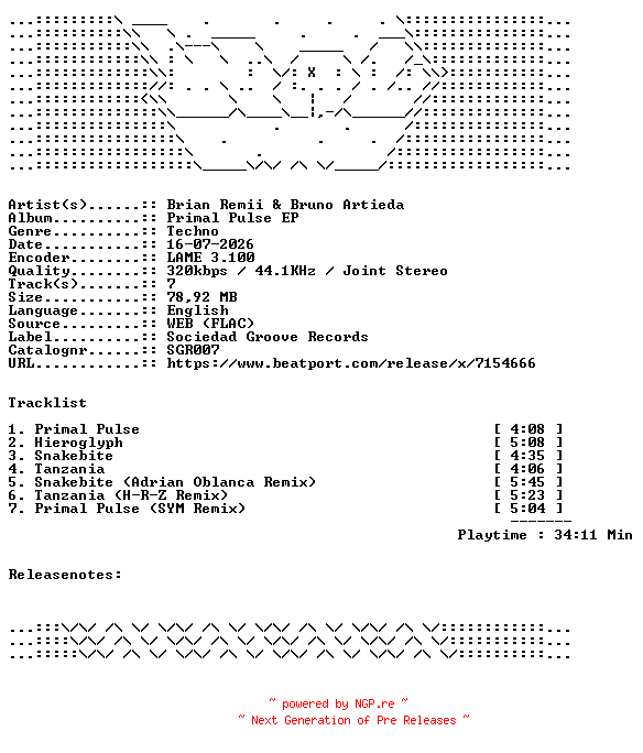 NFO for the release Brian_Remii_And_Bruno_Artieda-Primal_Pulse_EP-SGR007-WEB-2026-WAV by WAV
