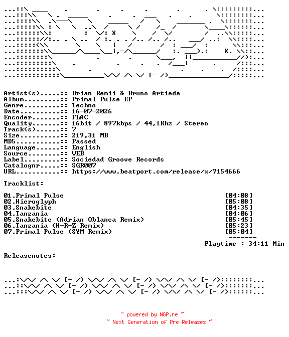 NFO for the release Brian_Remii_And_Bruno_Artieda-Primal_Pulse_EP-SGR007-16BIT-WEB-FLAC-2026-WAVED by WAVED